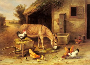 Animal Painting - Un burro y gallinas afuera de un establo de animales de granja Edgar Hunt